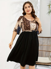 Colorblock Print Short Sleeve Round Neck Ruched Dress