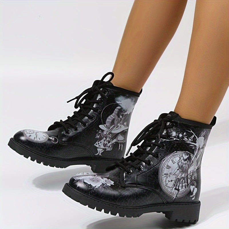 Women's Printed Chunky Heel Lace Up Short Boots Halloween Boots