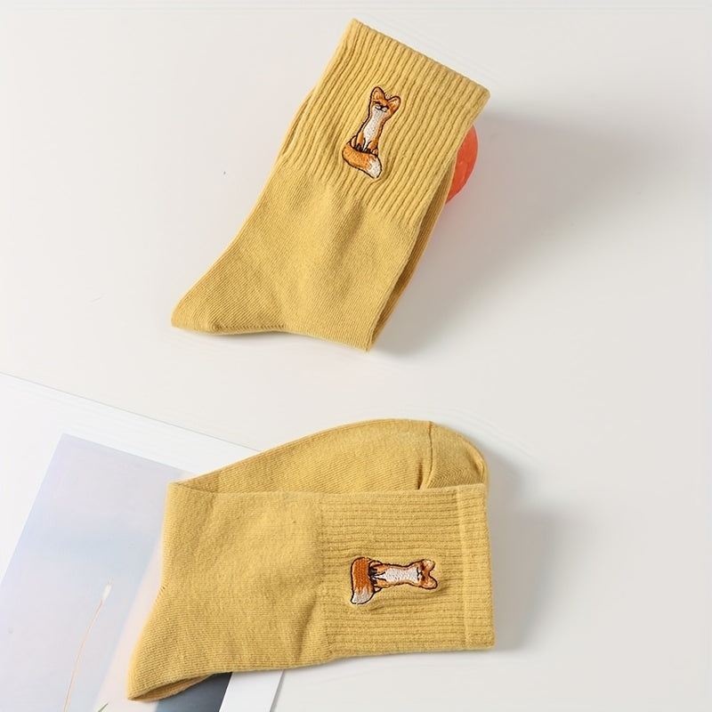 Fox Embroidery Mid Tube Socks for Women