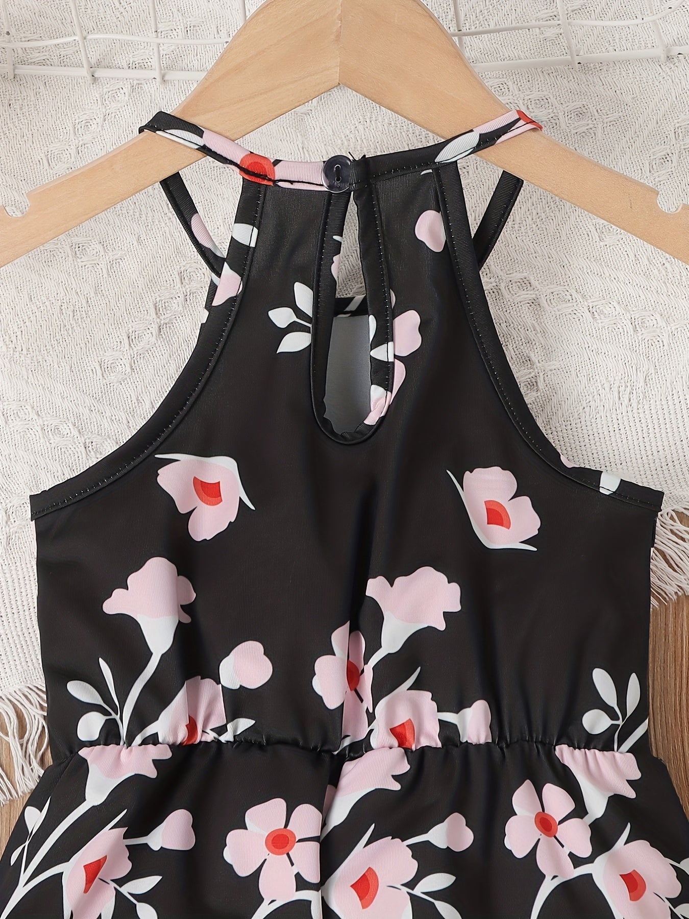 Girls Flower Print Casual Halter Neck Sleeveless Rompers