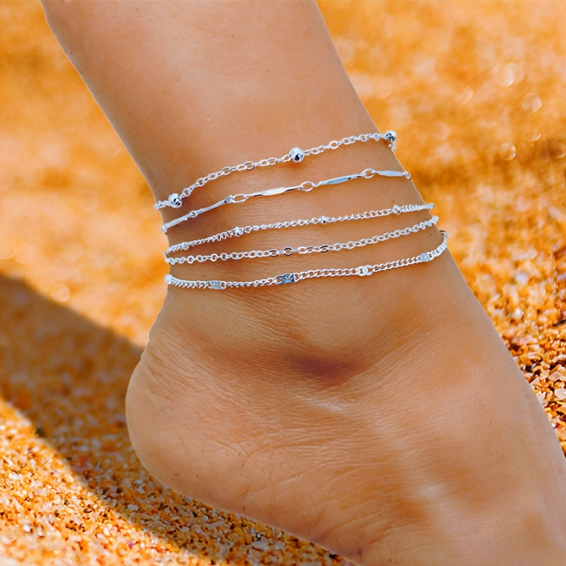 5pcs Round Beaded Layered Anklet Set - Minimalist Foot Jewelry
