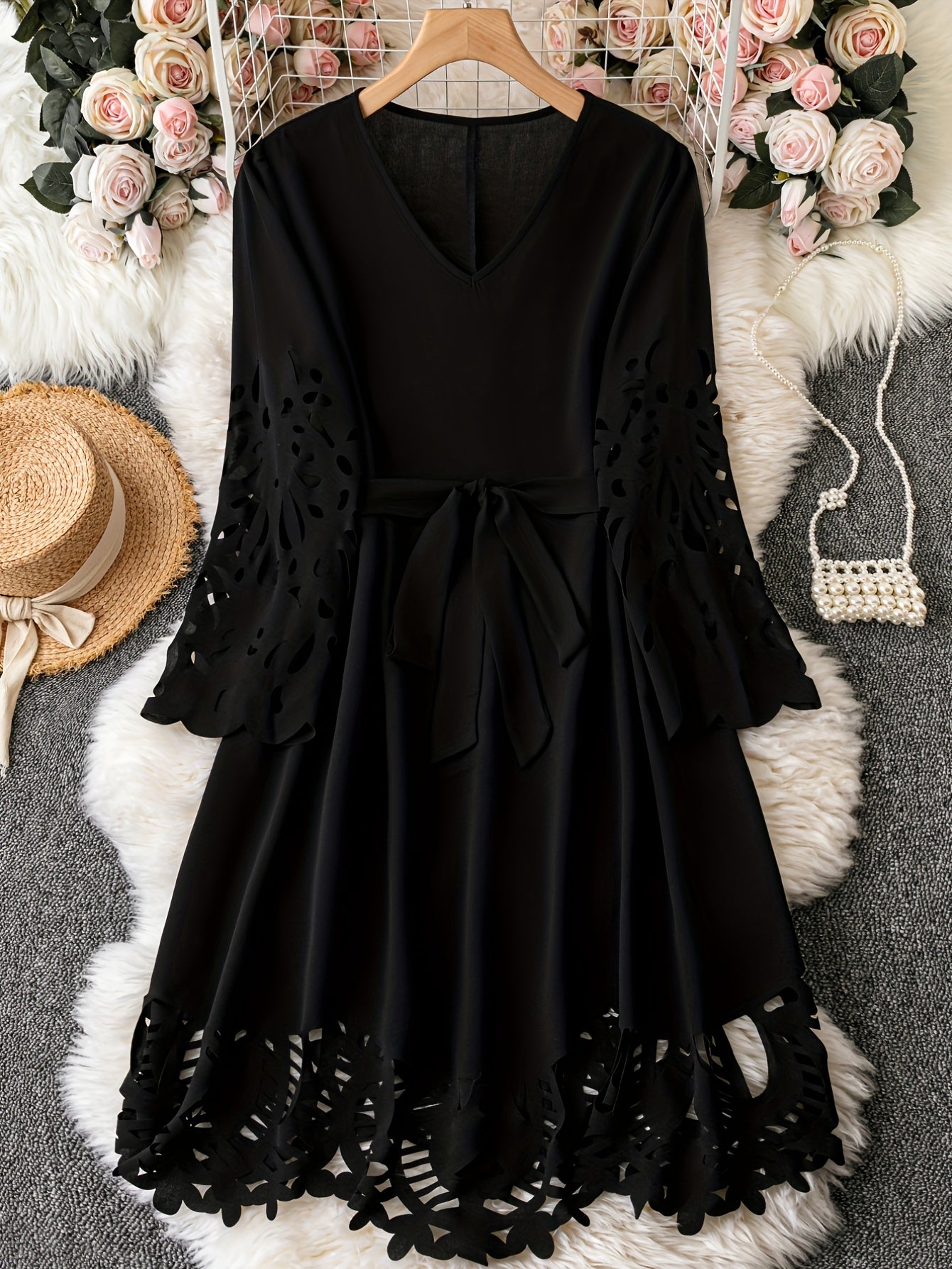 Casual Dress Laser Cut Out 3/4 Sleeve A-line
