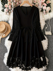 Casual Dress Laser Cut Out 3/4 Sleeve A-line