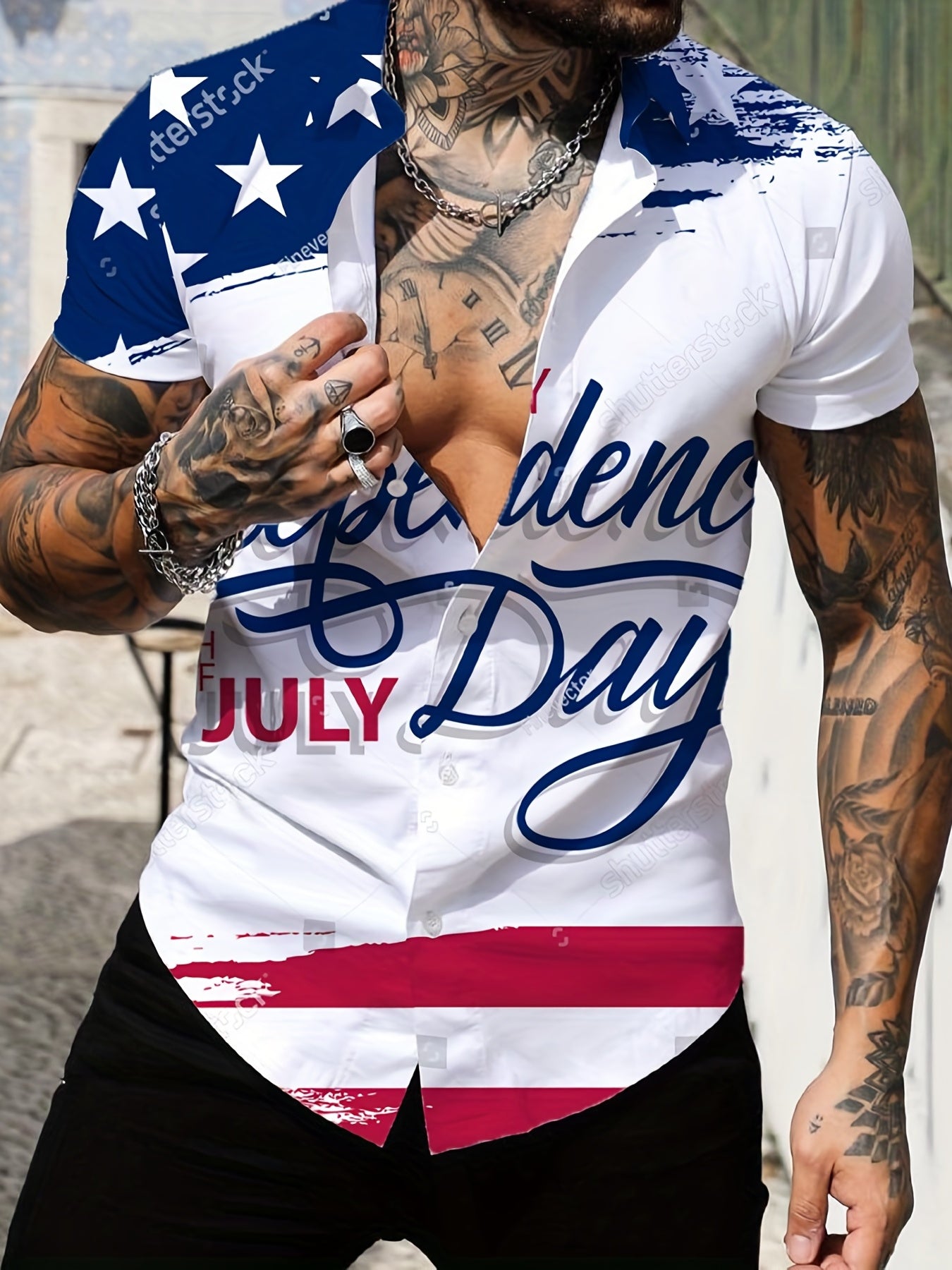 Independence Flag Print Men's Casual Short Sleeve Shirt