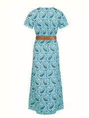 Paisley Print V Neck Dress Boho Casual Short Sleeve Dress