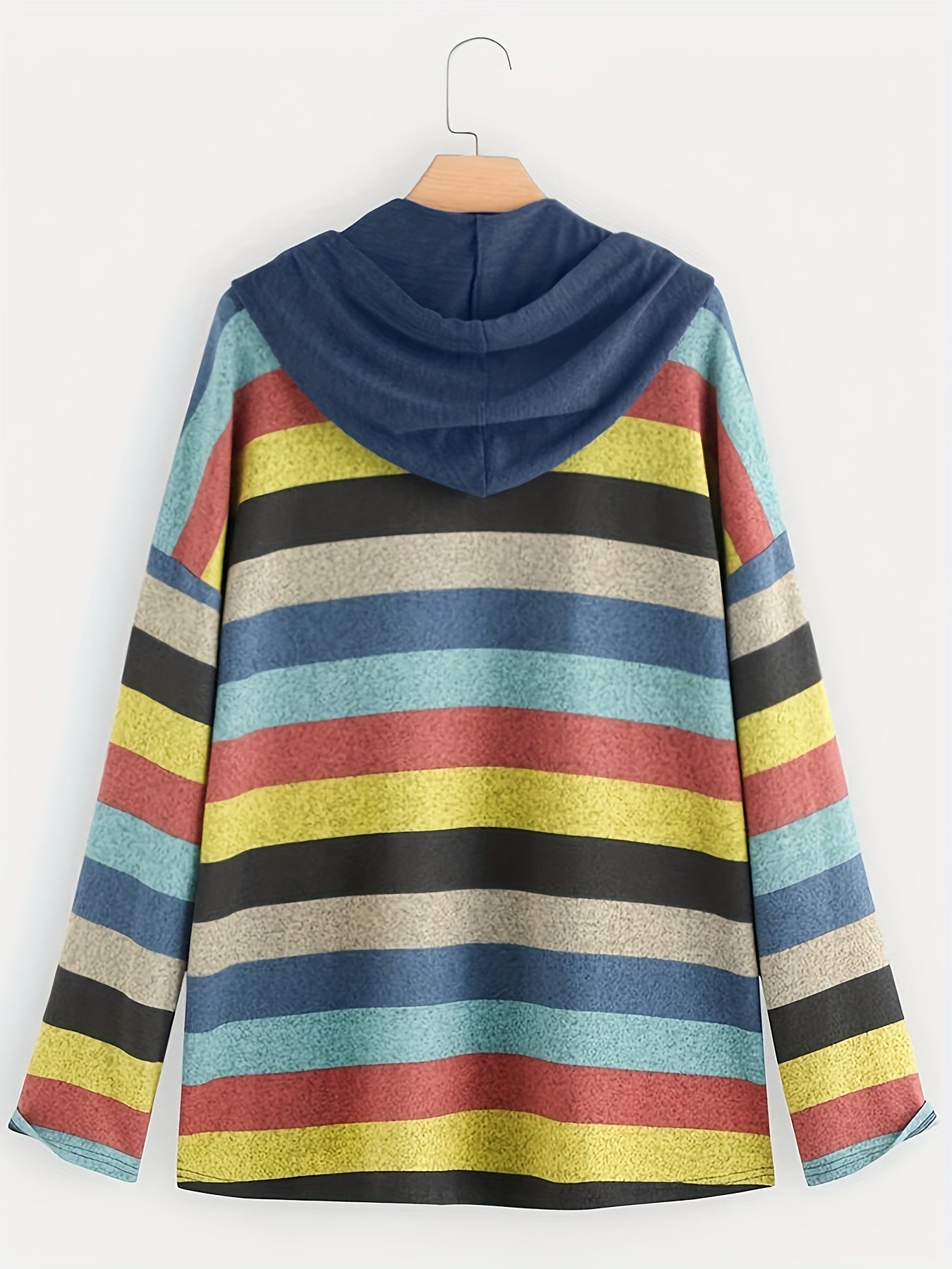 Block Striped Pocket Hoodie Long Sleeve Drawstring Hoodies Sweatshirt