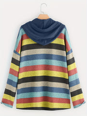 Block Striped Pocket Hoodie Long Sleeve Drawstring Hoodies Sweatshirt