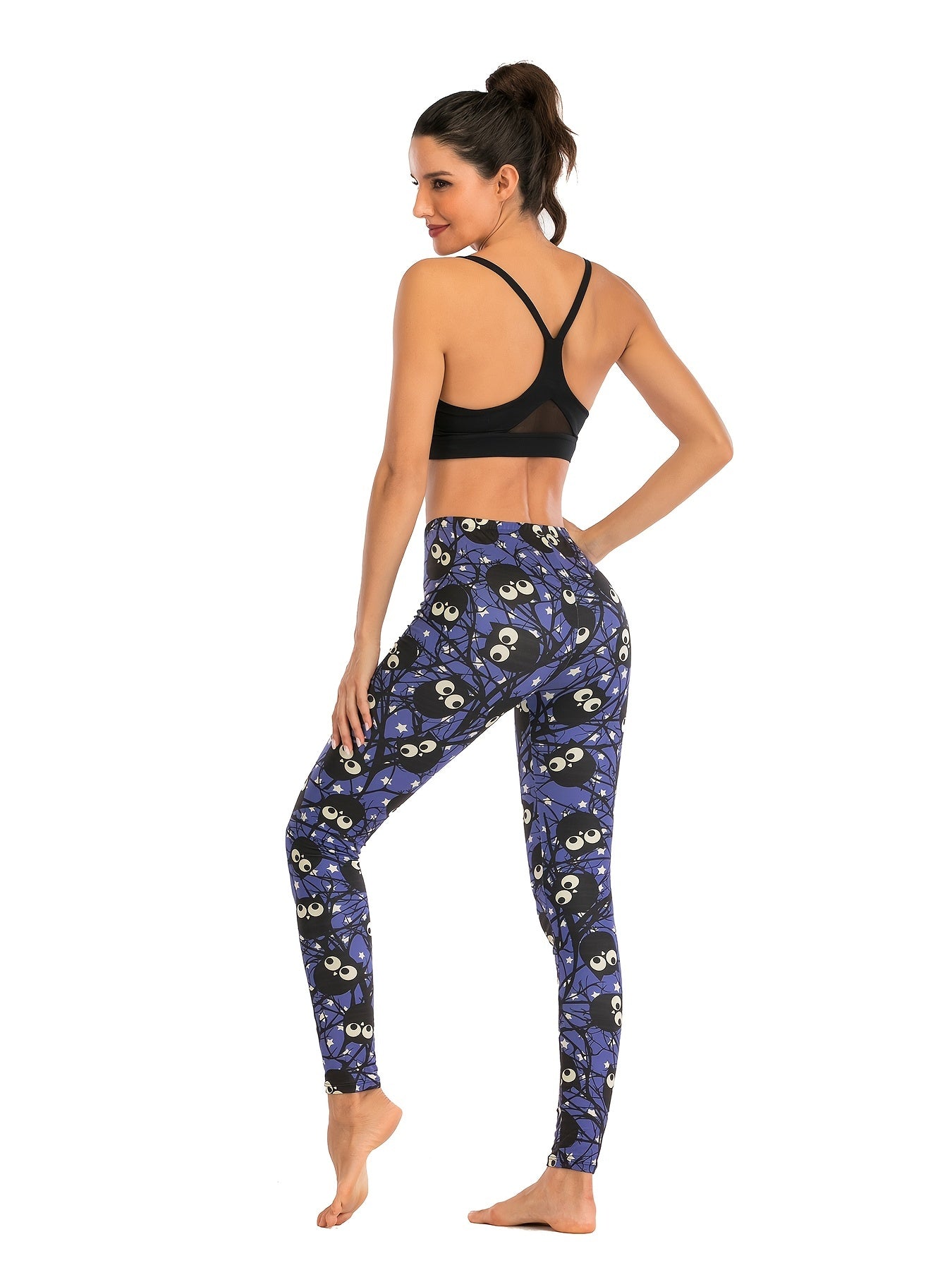 Cartoon Owl Print High Waist Leggings Skinny Stretchy Long Length