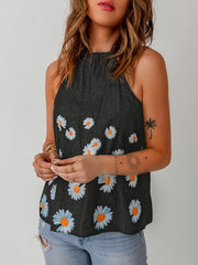 Daisy Floral Print Denim Tank Tops Sleeveless High Round Neck Casual Denim Tops