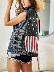 Print Denim Vest Ripped Holes Distressed Street Style Denim Jackets Women's
