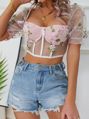 Floral Mesh Puff Sleeve Underwire Corset Top