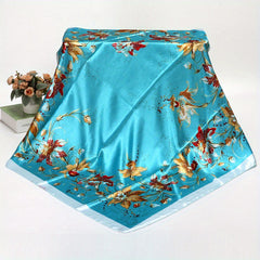 Boho Flower Print Satin Shawl Silk Square Scarf Bandana