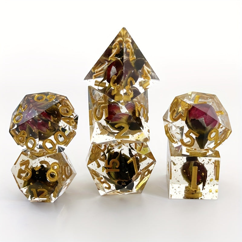 7pcs Rose Flower Golden Dice Fun Resin Dices Desktop Entertainment Game