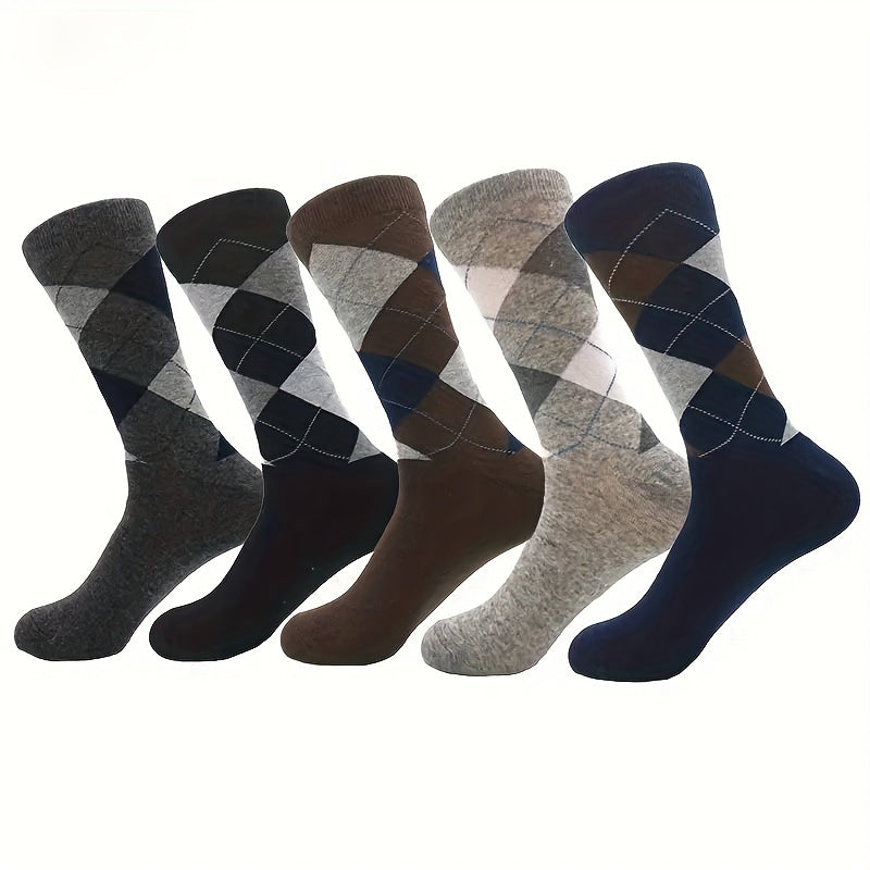 5 Pairs Men's Thermal Checkered Crew Socks Nylon Cotton Blend