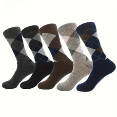 5 Pairs Men's Thermal Checkered Crew Socks Nylon Cotton Blend