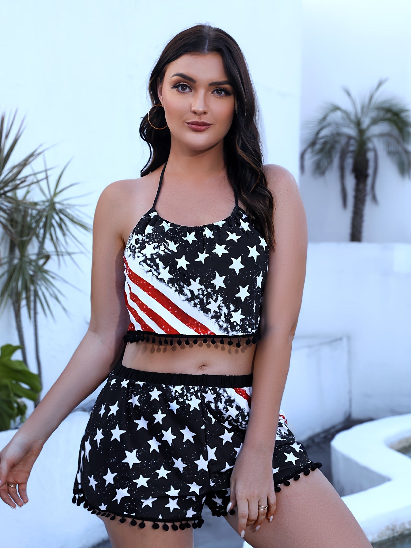 Flag Print Halter Top & Shorts Swimsuit Set