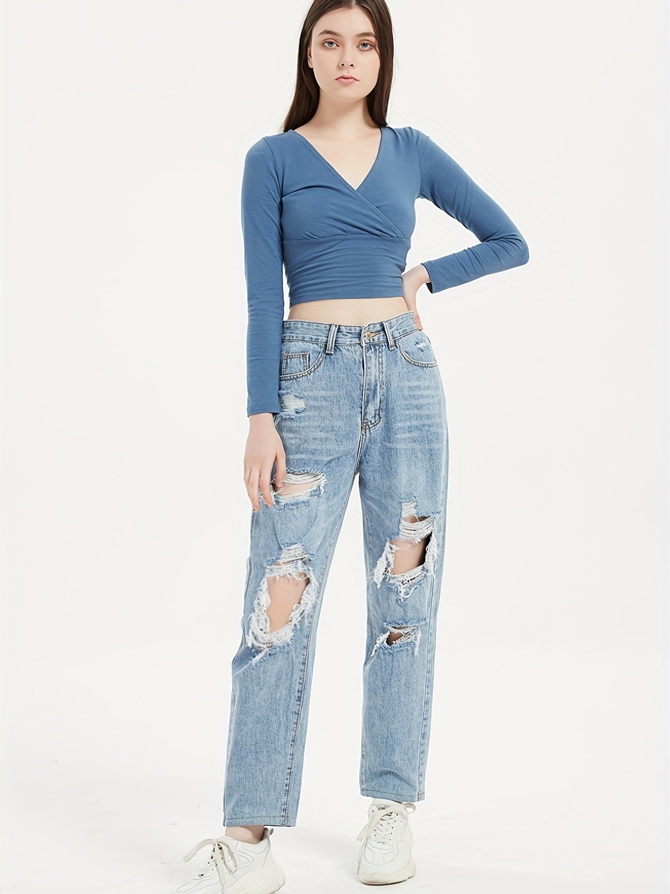 High Waist Ripped Straight Jeans Baggy Denim Pants