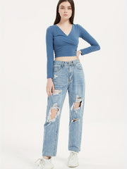 High Waist Ripped Straight Jeans Baggy Denim Pants