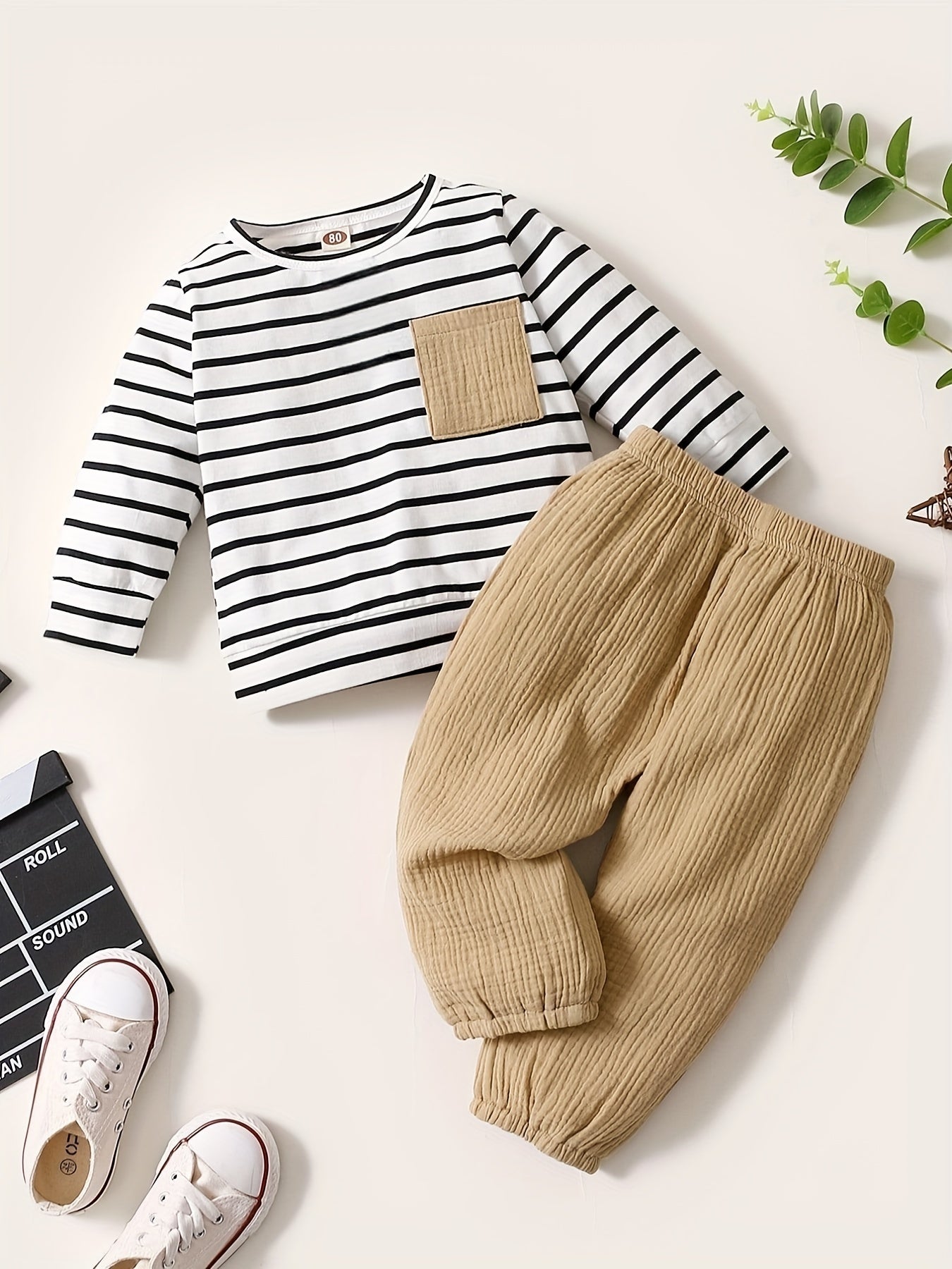 Striped Long Sleeve Top Solid Pants Set