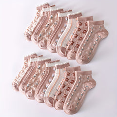 7 Pairs Floral Embossed Short Socks Women's Stockings & Hosiery