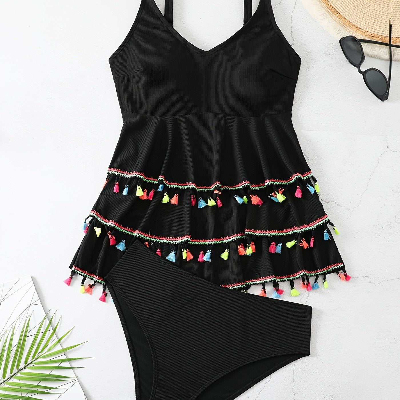 Modest Tankini Set Ribbed Knit V Neck Cami Top & Panty Swimsuit