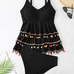 Modest Tankini Set Ribbed Knit V Neck Cami Top & Panty Swimsuit