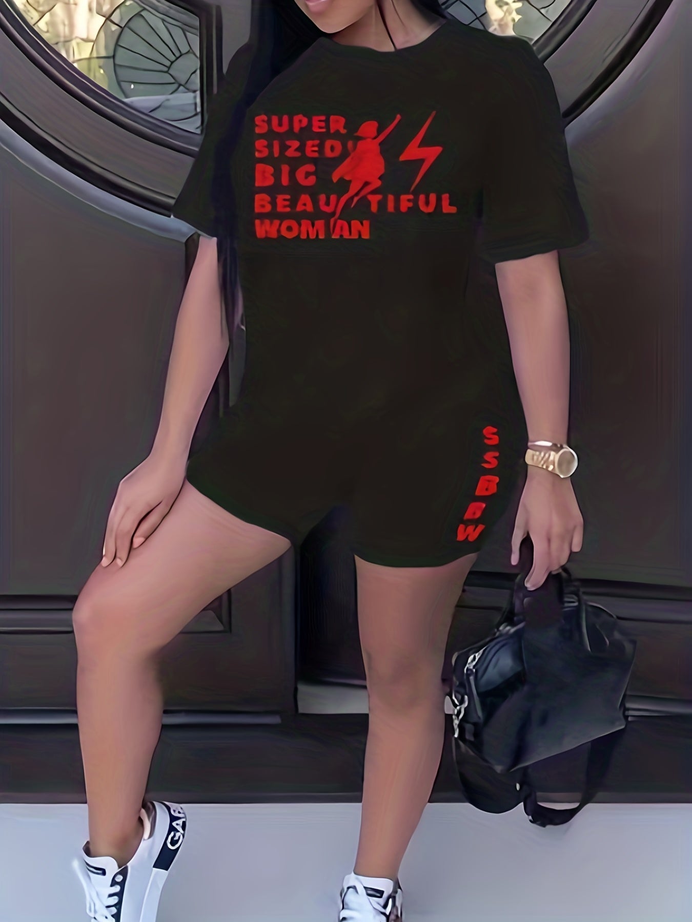 Woman Figure & Letter Print Tee & Shorts Set