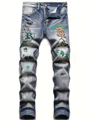 Cartoon Bear Pattern Slim Fit Jeans Men's Casual Street Style