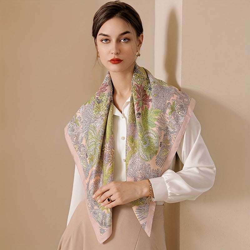 Classic Floral Print Shawl Silk Square Scarf French Style Headwrap