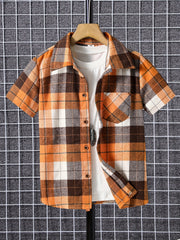 Boys Plaid Patched Short Sleeve Lapel Shirt