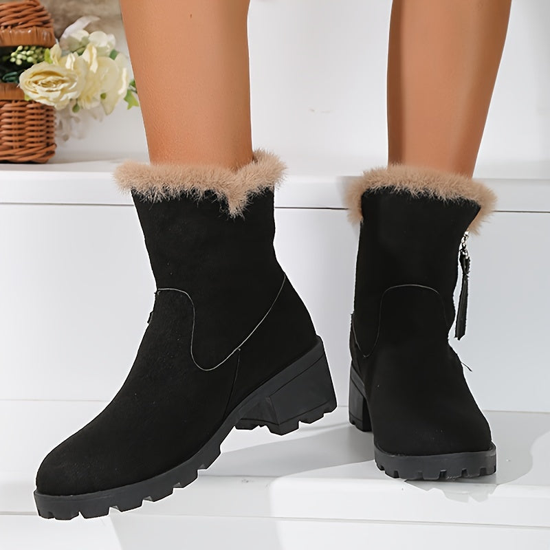 Thick Snow Boots Plush Lined Thermal Chunky Heels Non Slip Outdoor Walking Boots
