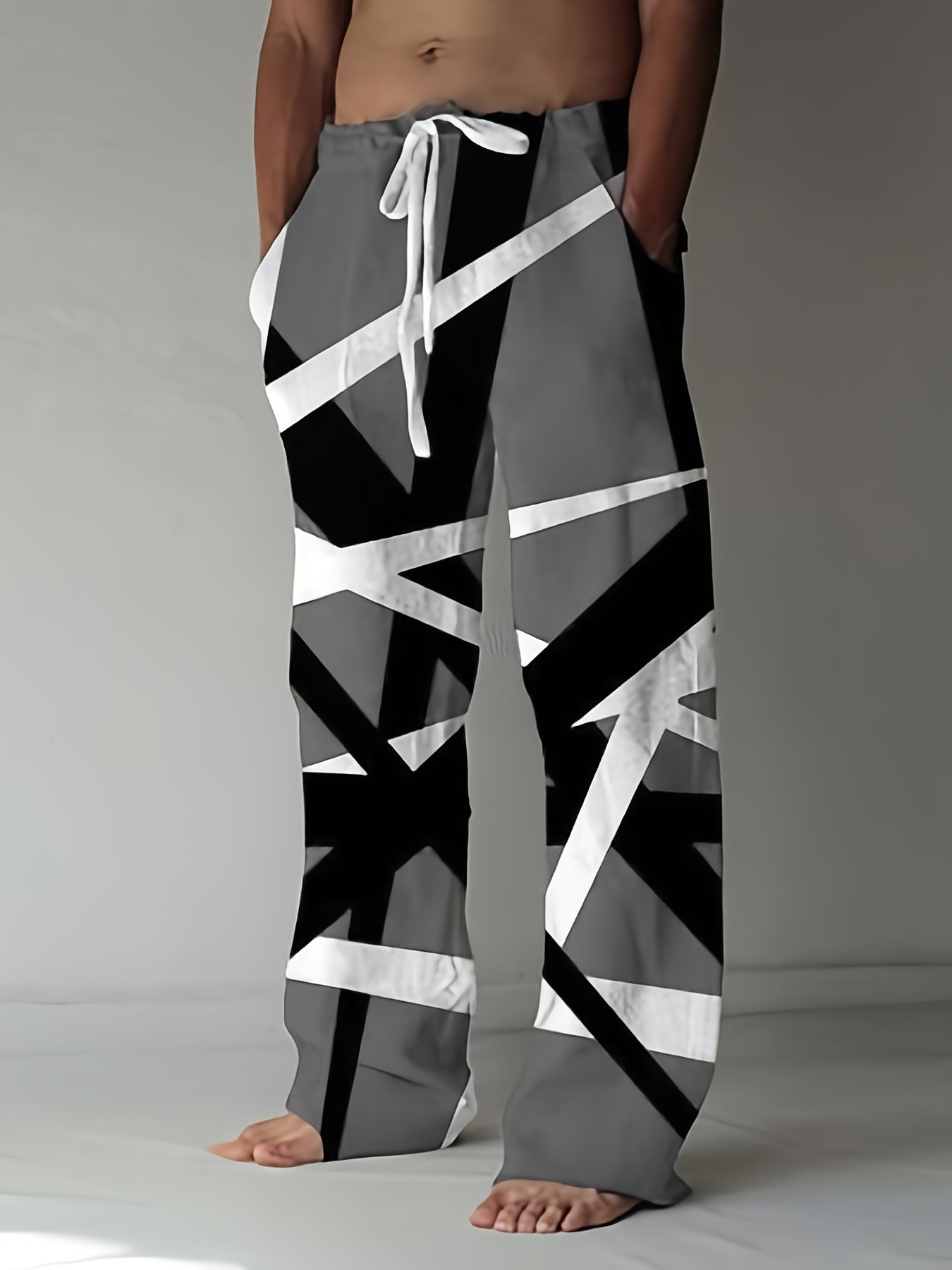 Men's Drawstring Wide Leg Pants Beach Pant Pattern Casual Baggy Pants