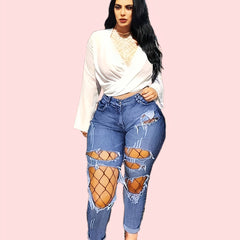 Ripped Holes Skinny Jeans Slim Fit Distressed With Fishnet Stocking Denim Pants