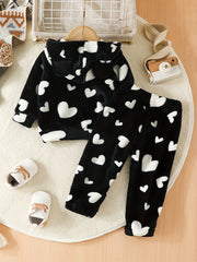 Kids 2pcs Fleece Pajamas Hooded Top & Pants Set Lion Embroidery Loungewear
