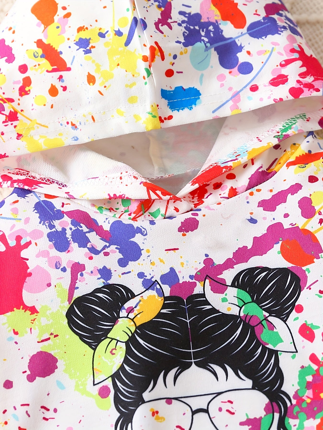 Girl's Paint Splash Pattern Cartoon Girl Hoodie & Sweatpants Set