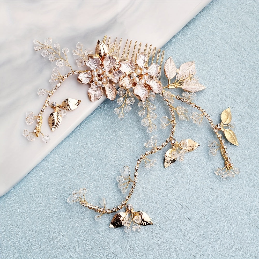 Flower Charm Hair Comb Rhinestone & Faux Pearl Hair Pin Bridal Wedding Headwear