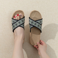 Geometric Pattern Linen Slides Crisscross Strap Open Toe Flat Shoes