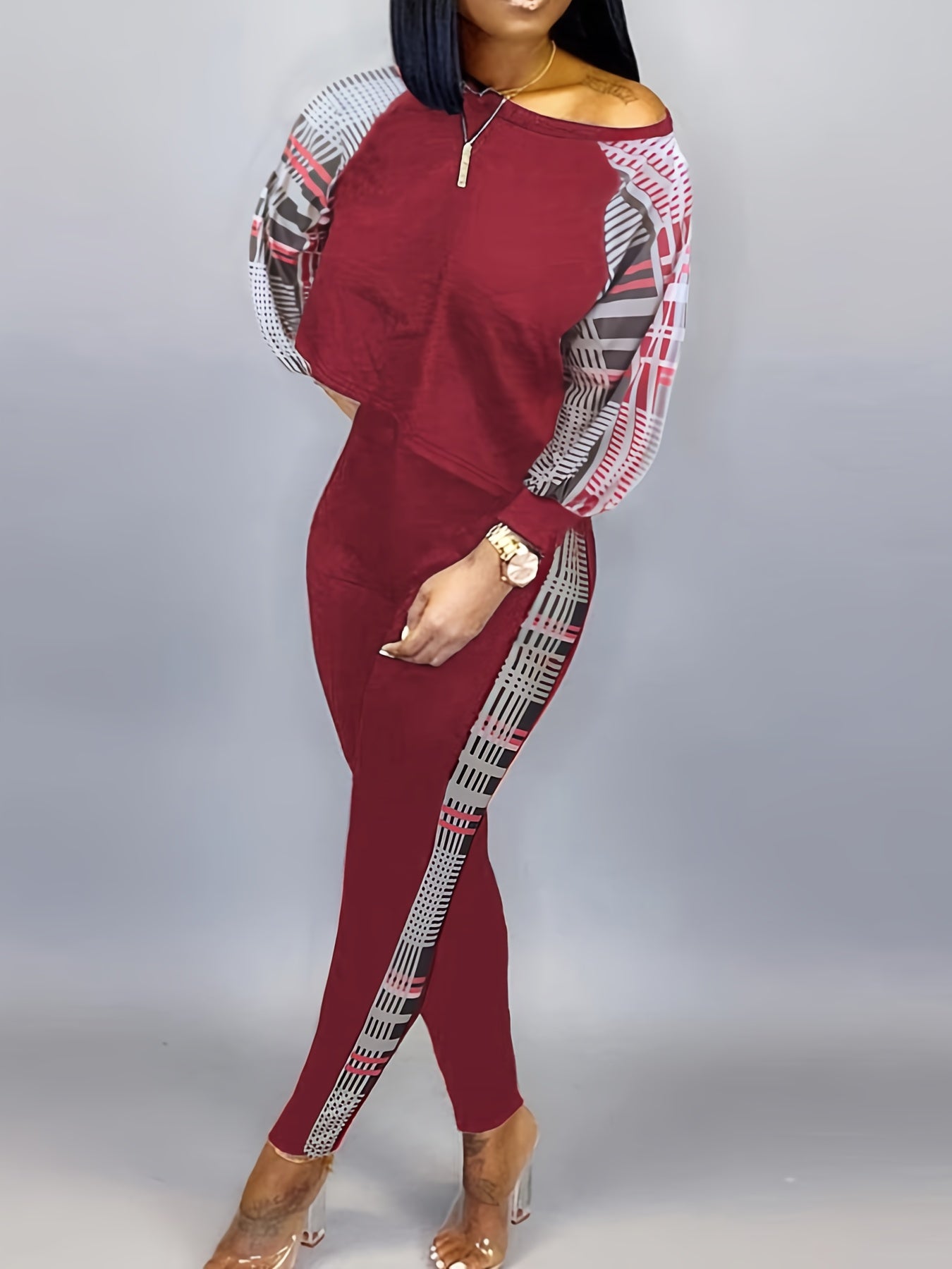 Plaid Print Long Sleeve Crop Top & Pants Set