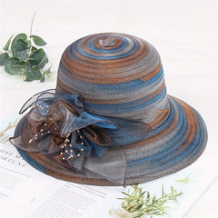 Candy Striped Sun Hat Rolled Brim Organza Flower Decor Bucket Hat
