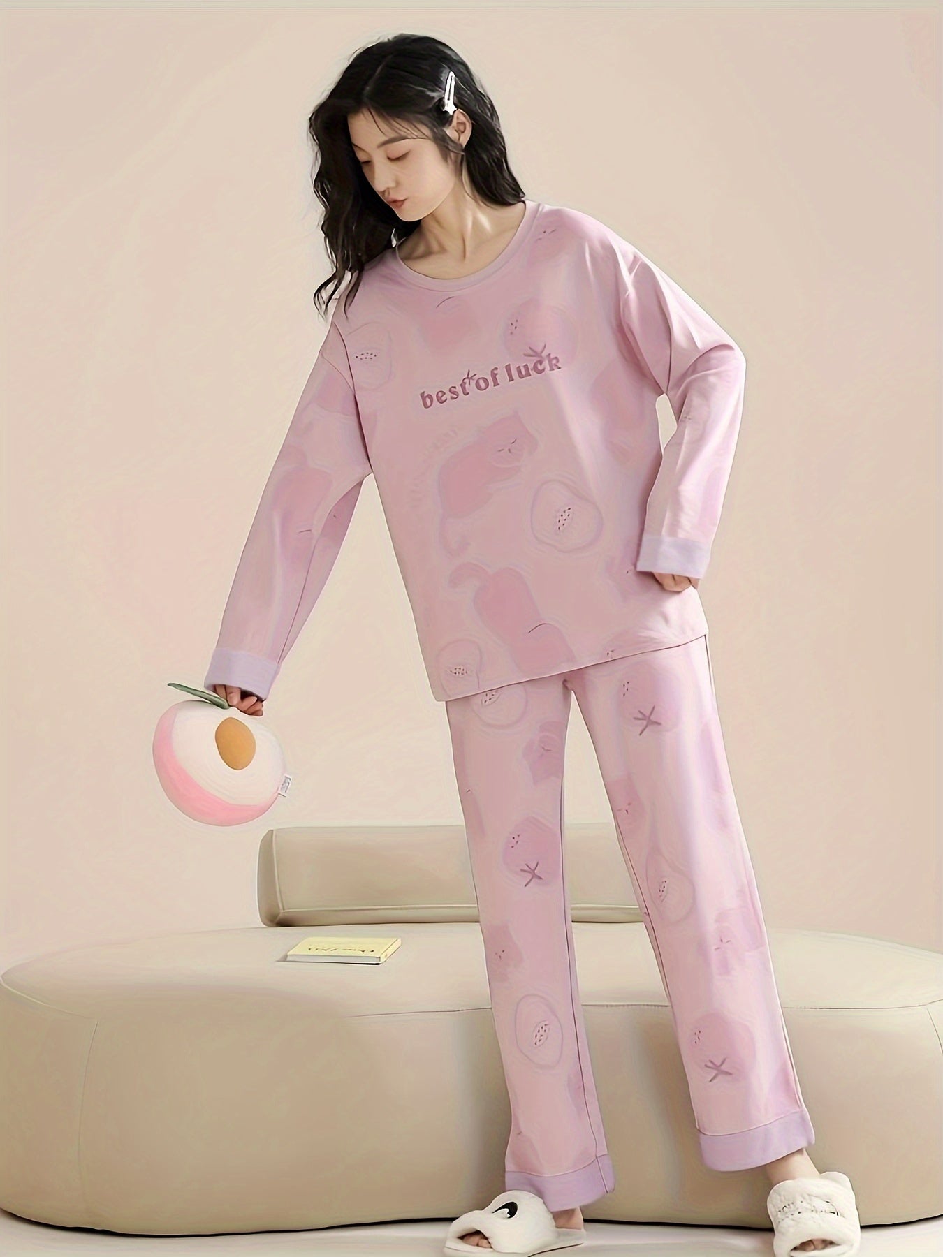 Letter Print Pajama Set Long Sleeve Top & Pants Women's Sleepwear