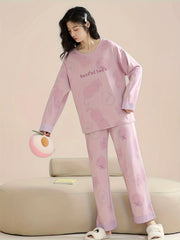 Letter Print Pajama Set Long Sleeve Top & Pants Women's Sleepwear