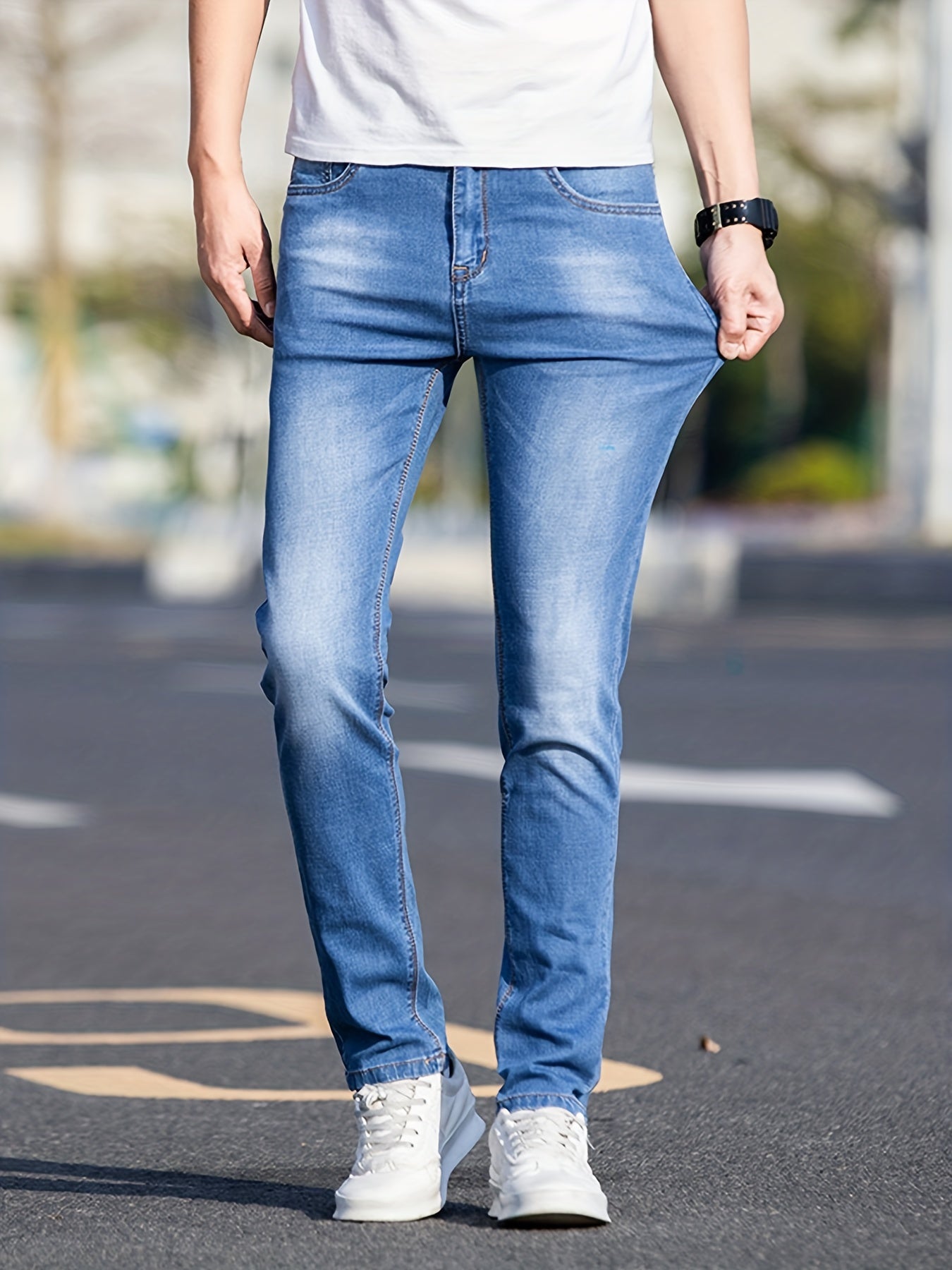 Slim Fit Washed Cotton Jeans Mens Casual Street Style Distressed Mid Stretch Den