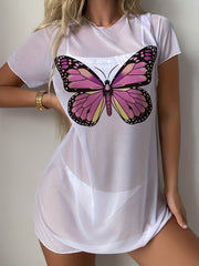 Butterfly Print Round Neck Cover Up Mesh Beach Coverup