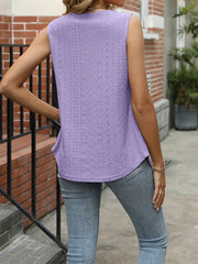 Eyelet Solid Tank Top Squared Neck Sleeveless Top Women's Clothing