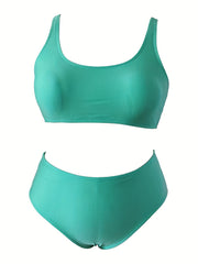 Basic Bikini Set Women's Plus Plain Round Neck Hight Stretch Bikini