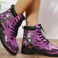 Women's Printed Chunky Heel Lace Up Short Boots Halloween Boots