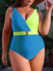 Colorblock V Neck One Piece Swimsuit Plus Size