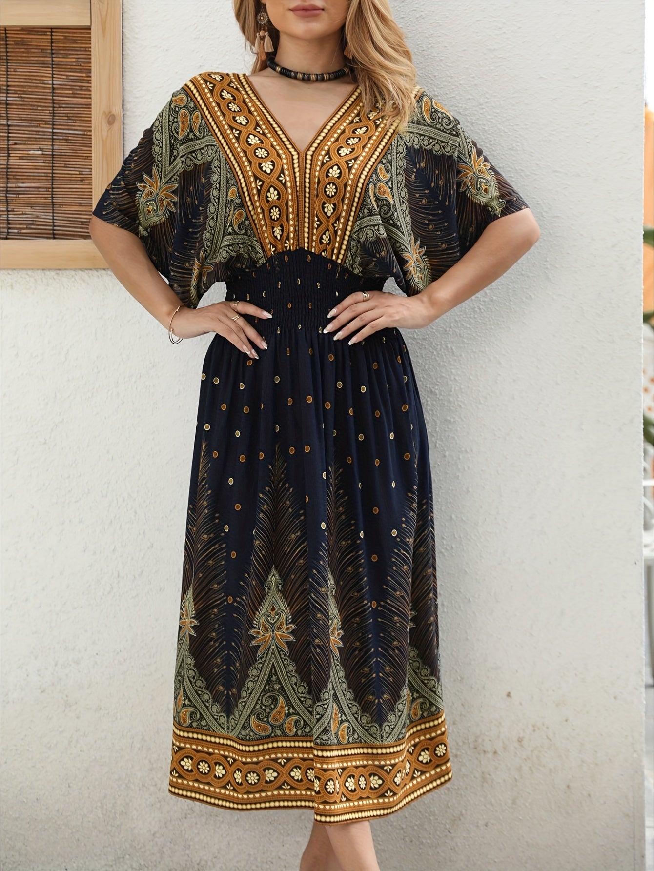Paisley Print V Neck Dress Short Sleeve Bodycon Dress