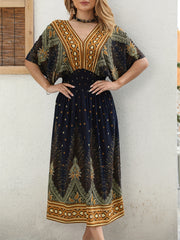 Paisley Print V Neck Dress Short Sleeve Bodycon Dress