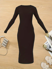 Solid Long Sleeve Round Neck Midi Slim Fit Dress